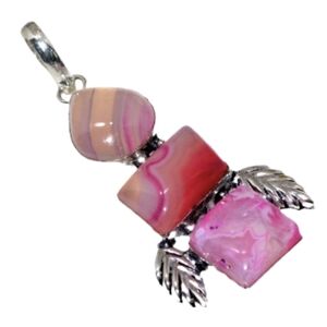 Eyecatching Rhodochrosite Gemstone Pink Silver Plated Three Stone Pendant 3"